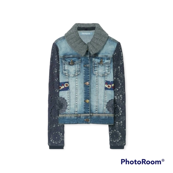 Desigual jean jacket with crochet knit overlay removable collar size 38 - Picture 11 of 16